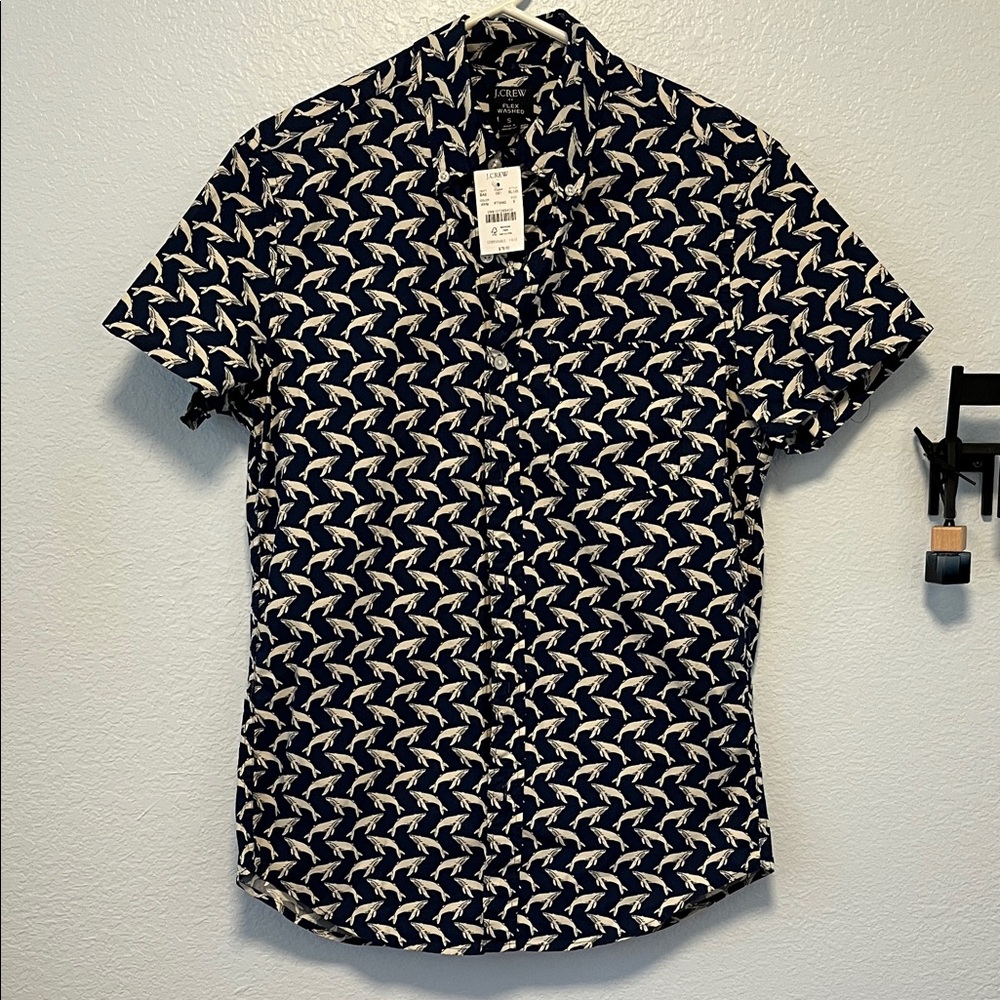 J. Crew Men's Short Sleeved Poplin  Shirt with Whale Print